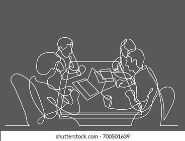 continuous line drawing of four team members working together
