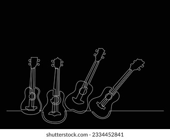 continuous line drawing of four ukuleles