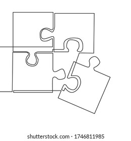 continuous line drawing of a four-piece puzzle that is combined isolated on a white background. Puzzle - jigsaw puzzle icon vector design template