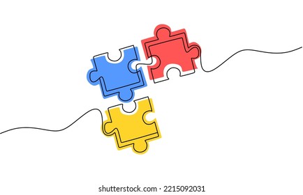 fortlaufende Linienzeichnung eines vierteiligen Puzzles, das einzeln auf weißem Hintergrund kombiniert wird. Puzzle - Puzzle-Symbol für Vektordesign-Vorlage