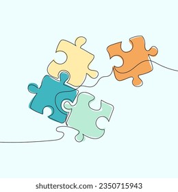 Continuous line drawing of a four-piece puzzle that is combined isolated. Teamwork idea. Puzzle - jigsaw puzzle icon vector design template. Vector illustration