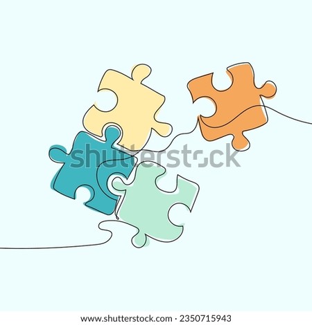 Continuous line drawing of a four-piece puzzle that is combined isolated. Teamwork idea. Puzzle - jigsaw puzzle icon vector design template. Vector illustration