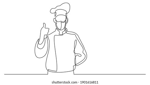 Continuous Line Drawing Of French Chef Showing Thumb Up Wearing Face Mask