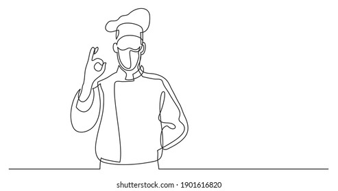 Continuous Line Drawing Of French Chef Wearing Face Mask Showing Ok Sign