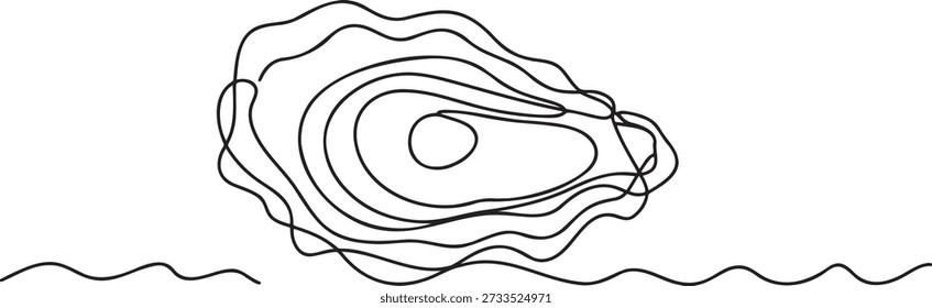 Kontinuierliche Linie Zeichnung frisch lecker Austernschale auf gewellter Meeresoberfläche minimalistischen Umriss Vektorgrafik Meeresfrüchte Delikatesse Grafik Design einzelne Linie abstrakte Kunst gesunde Meeresfrüchte Konzept einfache Zeichnung von Muschel auf Wasser Umriss Stil für Restaurant Menü oder Meeresbiologie verwandte Projekt saubere Vektorgrafik