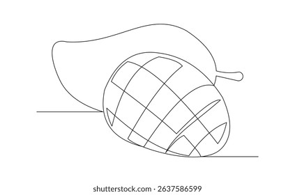 Continuous line drawing of fresh mango fruit tropical summer juicy food dessert. Editable stroke sketch art vector illustration