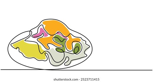 Desenho de linha contínua de salada fresca em uma placa. Design de alimentos minimalista e saudável. Ilustração vetorial.