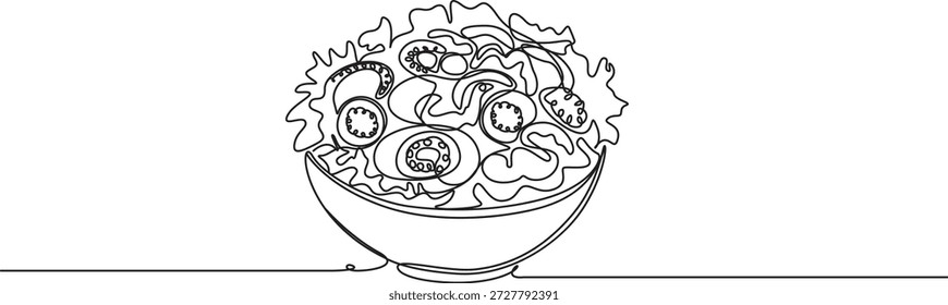Desenho de linha contínua de uma placa de salada fresca, Desenho de linha contínua de uma tigela de salada fresca, Arte de linha de tigela de salada fresca, Arte de linha contínua minimalista de um prato de comida