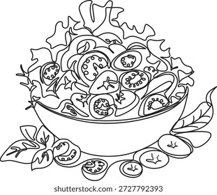 Kontinuierliche Linienzeichnung einer frischen Salatplatte,Kontinuierliche Linienzeichnung einer frischen Salatschüssel,Frische Salatschüssel Linienart,Minimalistische kontinuierliche Linienart eines Lebensmittelgeschirrs