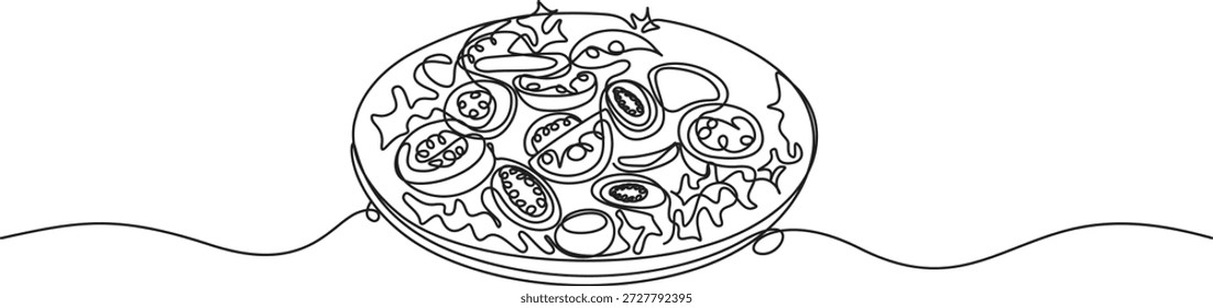 Kontinuierliche Linienzeichnung einer frischen Salatplatte,Kontinuierliche Linienzeichnung einer frischen Salatschüssel,Frische Salatschüssel Linienart,Minimalistische kontinuierliche Linienart eines Lebensmittelgeschirrs