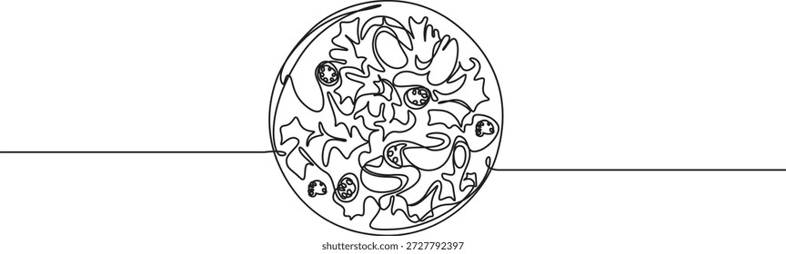 Kontinuierliche Linienzeichnung einer frischen Salatplatte,Kontinuierliche Linienzeichnung einer frischen Salatschüssel,Frische Salatschüssel Linienart,Minimalistische kontinuierliche Linienart eines Lebensmittelgeschirrs