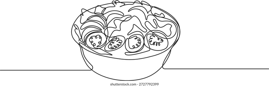 Kontinuierliche Linienzeichnung einer frischen Salatplatte,Kontinuierliche Linienzeichnung einer frischen Salatschüssel,Frische Salatschüssel Linienart,Minimalistische kontinuierliche Linienart eines Lebensmittelgeschirrs
