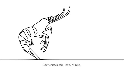 Desenho de linha contínua de um camarão fresco. Representação de frutos do mar simples e elegante. Ilustração vetorial.