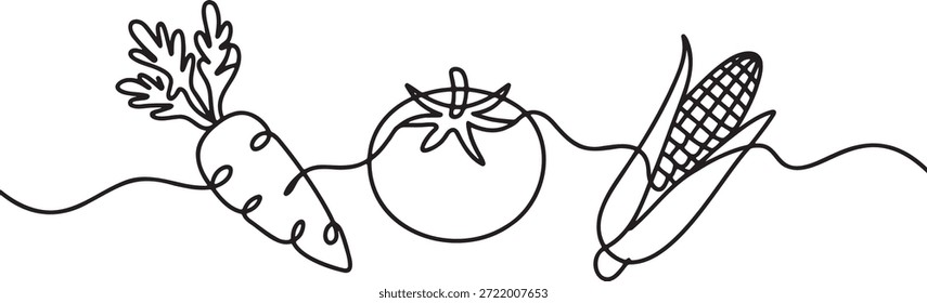 Desenho de linha contínua de vegetais frescos, incluindo cenoura, tomate e milho na espiga. Esta arte de linha preta minimalista em um fundo transparente é ideal para temas de alimentação saudável, alimentos orgânicos e agricultura. Representa produtos naturais, nutrição e uma dieta equilibrada.