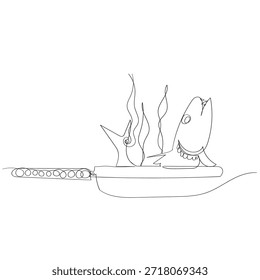 continuous line drawing fried fish on frying pan 