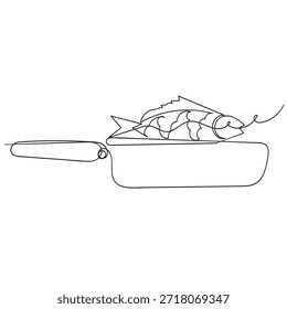 Línea continua que dibuja el pescado frito en sartén 