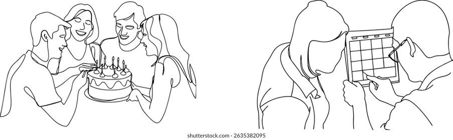 Continuous line drawing of friends celebrating a birthday and people planning together