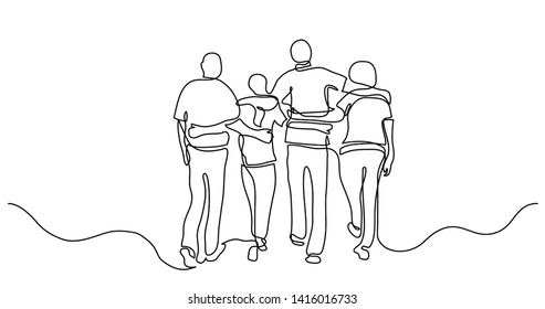 continuous line drawing of friends hugging each other