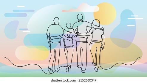 continuous line drawing of friends hugging each other