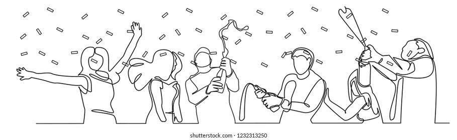 continuous line drawing Friends Party celebration champagne fun happiness.