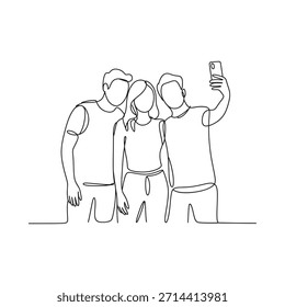 A continuous line drawing of friends taking a selfie together