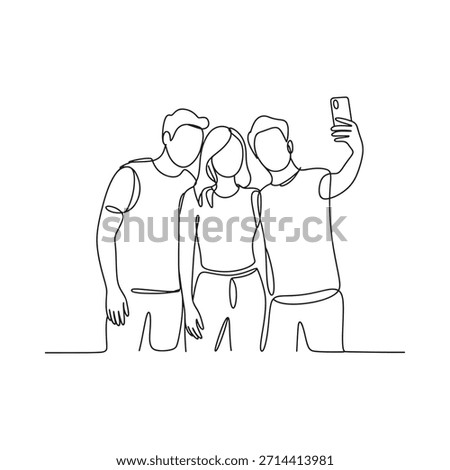 A continuous line drawing of friends taking a selfie together