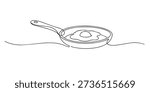 Continuous line drawing of a frying pan with an egg. One line drawing for cooking concept, kitchen utensil, breakfast food, and simple home meal.