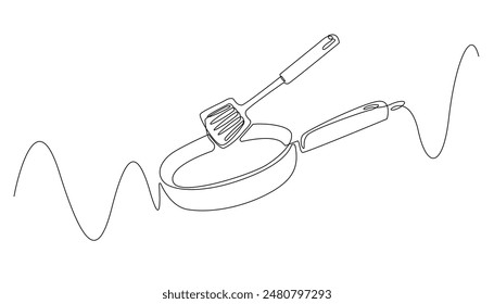 continuous line drawing of frying pan and spatula.one line drawing of kitchen utensils.single line vector illustration.isolated white background