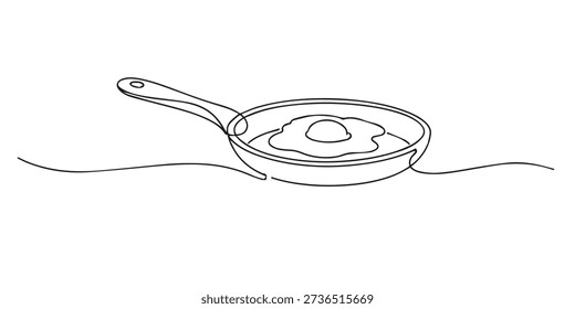 Dibujo de línea continua de una sartén con un huevo. Un dibujo de línea para el concepto de cocina, utensilios de cocina, comida de desayuno y comida casera simple.