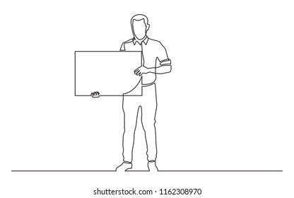 continuous line drawing of full length standing man holding blank sign
