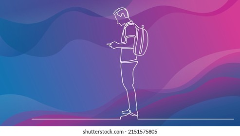 continuous line drawing of full length standing man with backpack checking his phone