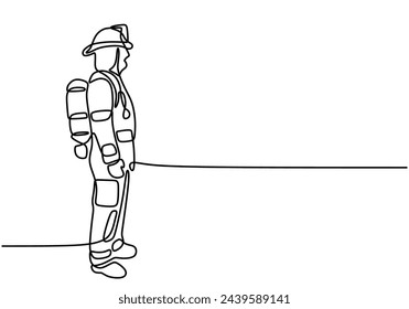 continuous line drawing of fully clothed firefighter with axe hammer.