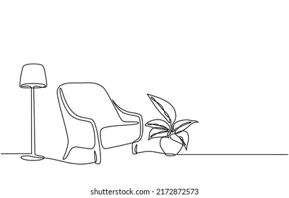 Continuous line drawing of furniture for living room interior with chair lamp and potted plants. Stylish furniture for the living room interior in doodle style.