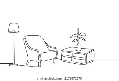 Continuous line drawing of furniture for living room interior with chair lamp and potted plants. Stylish furniture for the living room interior in doodle style.