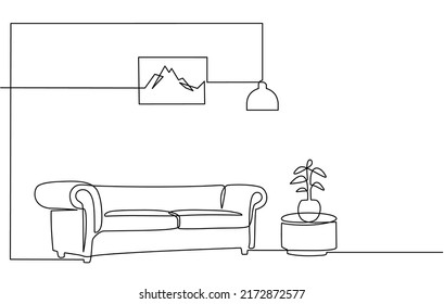 Continuous line drawing of furniture for living room interior with chair lamp and potted plants. Stylish furniture for the living room interior in doodle style.