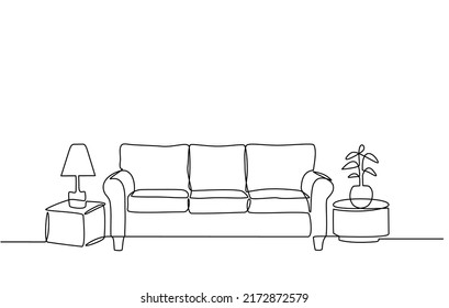 Continuous line drawing of furniture for living room interior with chair lamp and potted plants. Stylish furniture for the living room interior in doodle style.