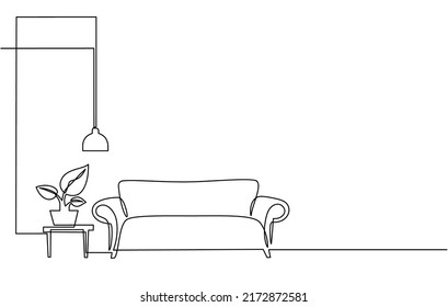 Continuous line drawing of furniture for living room interior with chair lamp and potted plants. Stylish furniture for the living room interior in doodle style.