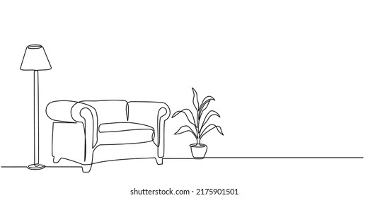 Continuous line drawing of furniture for living room interior with chair lamp and potted plants. Stylish furniture for the living room interior in doodle style.