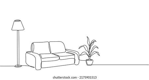 Continuous line drawing furniture for living room interior and chair lamp   potted plants  Stylish furniture for the living room interior in doodle style 