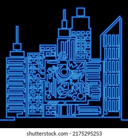 Continuous line drawing Futuristic smart city microchip Skyscraper icon neon glow vector illustration concept