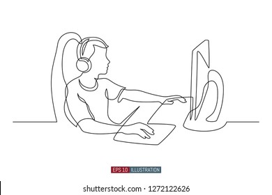Continuous line drawing of gamer. Template for your design. Vector illustration.