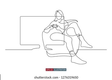 Continuous line drawing of gamer. Template for your design. Vector illustration.