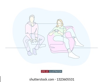 Continuous line drawing of gamers.  Template for your design. Vector illustration.