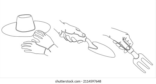 
Continuous line drawing of garden instruments, a set of various gardening hand tools with gloves in minimal single line style, horticultural inventory isolated on white