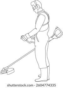 Continuous line drawing of a gardener using a brush cutter, line art, vector