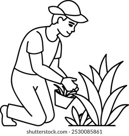 Continuous line drawing gardener works in garden. Worker using scissors cuts green tree, takes care of plants agricultural. Spring gardening outline. Man planting. One line art design vector.