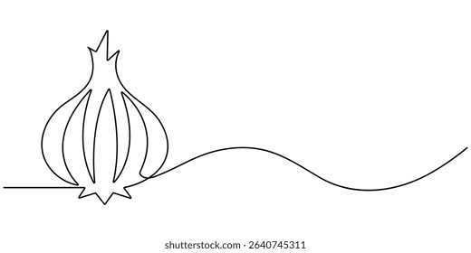 Continuous line drawing of garlic on a transparent background, one line drawing illustration of red onion vegetable, Continuous one line onion for grocery store, printing on posters and banners. Line