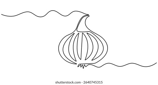 Continuous line drawing of garlic on a transparent background, one line drawing illustration of red onion vegetable, Continuous one line onion for grocery store, printing on posters and banners. Line