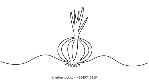 Continuous line drawing of garlic on a transparent background, one line drawing illustration of red onion vegetable, Continuous one line onion for grocery store, printing on posters and banners. Line