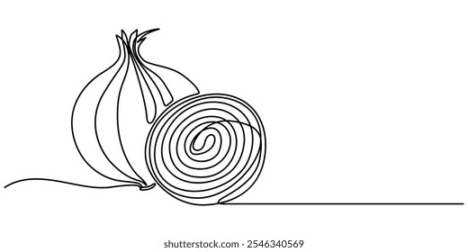 Dibujo de línea continua de ajo y perejil Sobre un fondo transparente, una línea continua que dibuja dos cebollas de bulbo orgánico de frescura saludable completa para cosechar la identidad del logotipo. Cebolla común fresca.